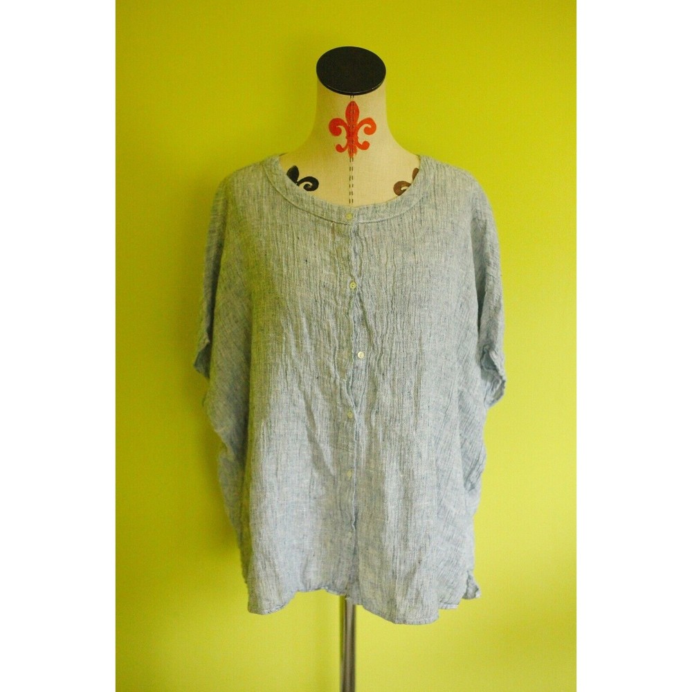Tahari Sz M Oversized 100% Linen Short Slv Lagenlook Marled Shirt Button Up Blue